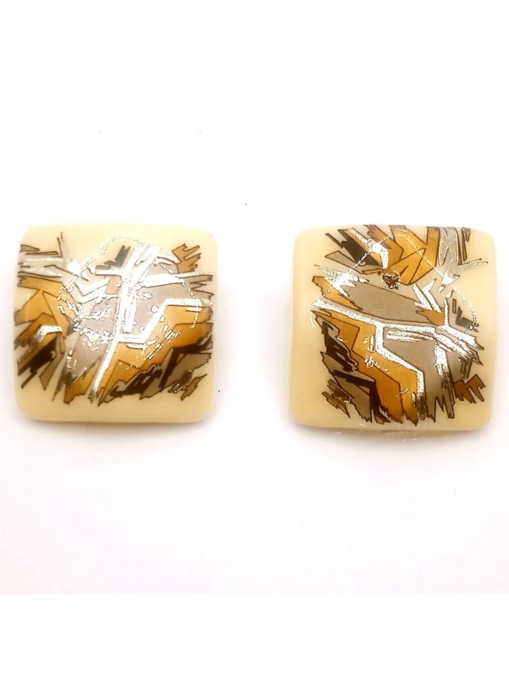 Vintage Pierced Earrings Cream Thermoset with Gold Silver Foil Inlay Retro